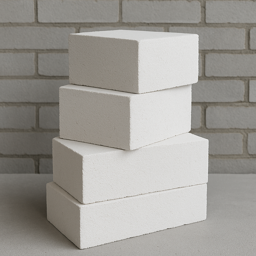 چهار بلوک سفید هبلکس روی هم چیده شده در مقابل دیوار آجری خاکستری، مناسب ساخت‌وساز سبک و سریع